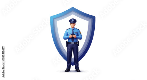 Illustration of a CISF security officer standing proudly in a blue uniform with a large shield on CISF Raising Day, symbolizing appreciation and leadership in Indian security forces