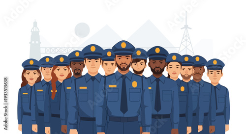 Illustration of a diverse group of Indian security forces in blue uniforms standing together in a team, symbolizing appreciation and leadership on CISF Raising Day
