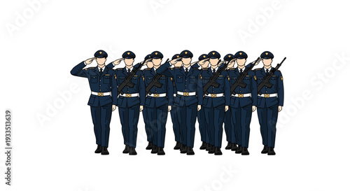 Illustration of Indian security forces in a standing salute formation on CISF Raising Day with a team of men in uniform showing appreciation for their leadership and teamwork in a formal