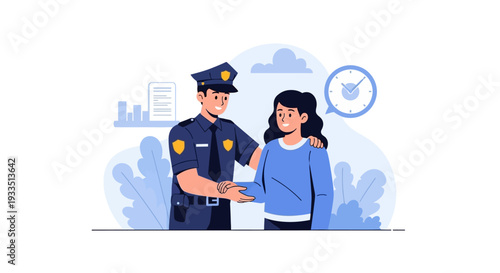 An illustration of a security officer handing a document to a woman on CISF Raising Day with a blue and white background