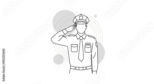 A line art illustration of a man in a security uniform saluting with a hat and tie on a white background with gray design elements