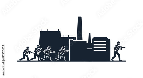 Vector illustration of Indian security forces in tactical stance with guns, showcasing teamwork and leadership on CISF Raising Day, with a strong and serious mood