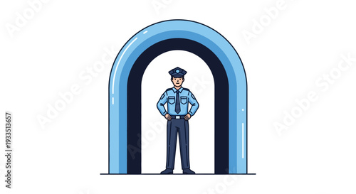 Illustration of a standing Indian security force officer in a blue uniform with a poster design for CISF Raising Day, showcasing leadership and teamwork concept in a simple, flat art style