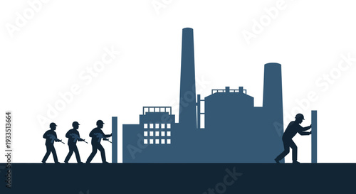 Vector illustration of a team working together to move large posts in front of a factory, conveying a concept of teamwork and leadership on CISF Raising Day for Indian security forces