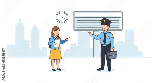 Illustration of a CISF security officer in uniform presenting a sign to a woman in a cityscape background with a clock on the wall, conveying appreciation for Indian security forces on CISF