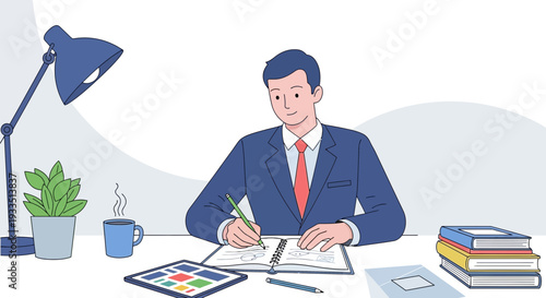 Businessman Working at Desk with Documents.