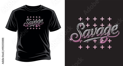 Savage script lettering t-shirt design with metallic pink chrome effect and cross pattern background on black shirt graphic vector art print templet