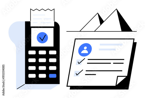 Receipt printer with ticked checklist, paper profile details, pyramidal shapes. Ideal for business, organization, project planning, invoicing, record-keeping goal setting task completion. Simple