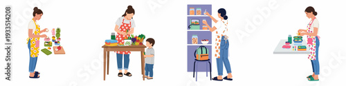 Women preparing healthy lunchboxes and organizing food, promoting balanced nutrition and mindful eating for families.