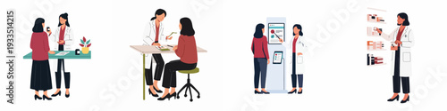 Modern healthcare services: doctors and pharmacists assisting patients with consultations, prescriptions, and digital health information. Professional women providing medical care and guidance.