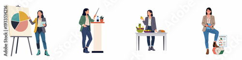 Female professionals illustrating business presentations, data analysis, healthy eating, and nutrition education for wellness and corporate topics.