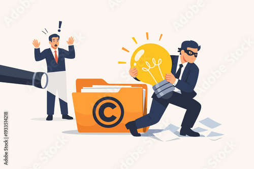 Businessman Stealing Business Idea from Copyright Folder, Copyright Infringement Concept with Masked Thief Caught in Flashlight Beam, Intellectual Property Theft Flat Vector Illustration