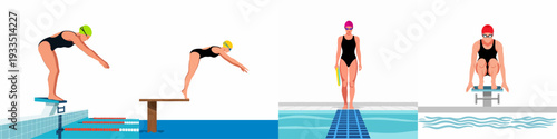 Female Swimmers Preparing to Dive and Train: A Collection of Aquatic Sport Illustrations