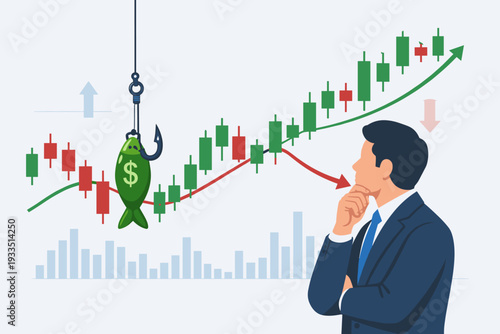 Businessman analyzing candlestick stock market chart with fishing hook bait concept, professional trader deciding to buy or sell using technical analysis, financial data, and investment strategy.