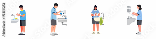 Students demonstrate essential hand hygiene: washing with soap, using sanitizer, and drying hands thoroughly for health and cleanliness.