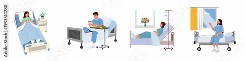 Patients recovering and engaging in various activities during their hospital stay, illustrating different aspects of medical care and rehabilitation.