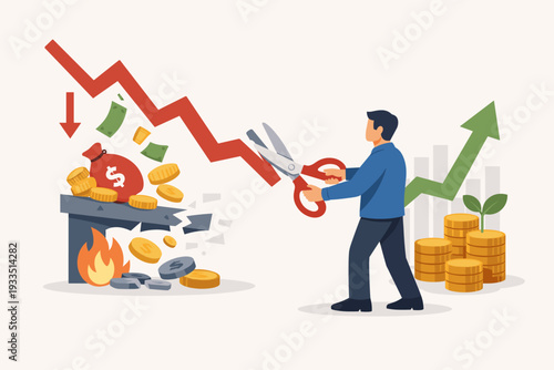 Businessman Cutting Downward Red Arrow with Scissors to Stop Financial Loss and Minimize Risk for Profit Growth, Stock Market Volatility Concept with Money Burning and Recovery Graph Illustration