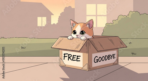 Cute cat peeking out of cardboard box with free goodbye written on it on suburban street