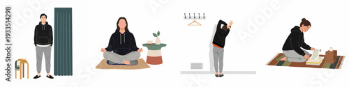 Cozy Home Activities: People in Hoodies Relaxing, Meditating, Stretching, and Reading in Casual Settings.