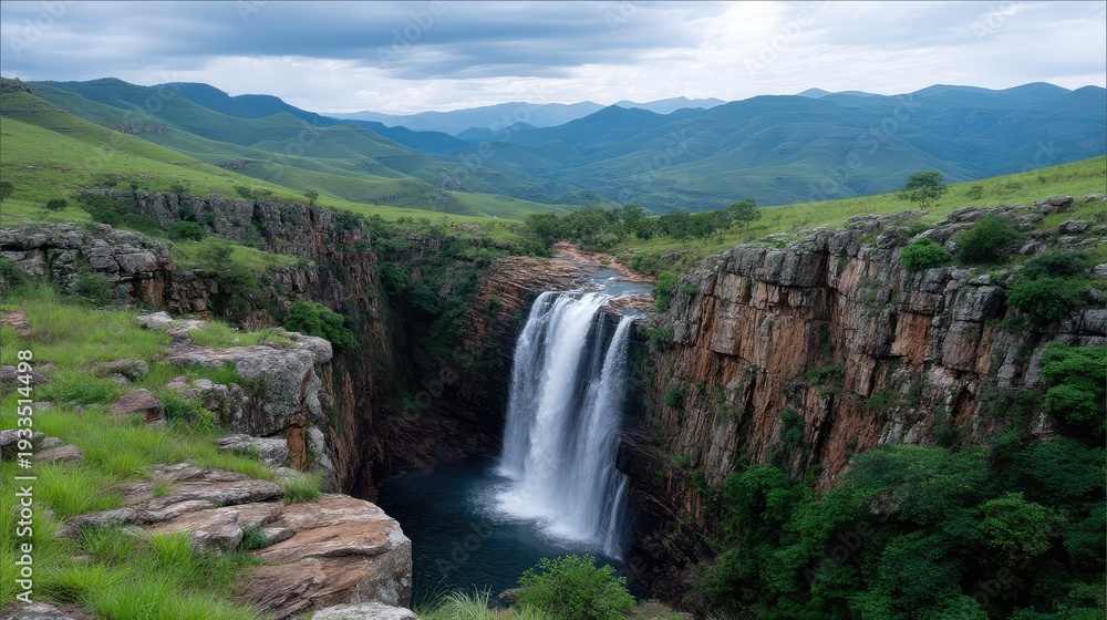 Fototapeta premium Majestic Waterfall Cascading Into Serene Pool Surrounded By Lush Green Hills With Dramatic Cloudy Sky