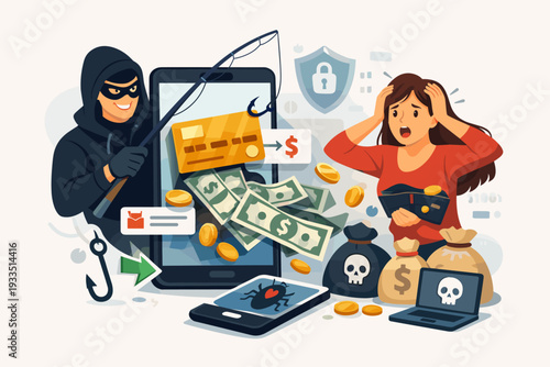 Cybercrime and phishing vector concept with hacker stealing money and credit card from mobile phone, shocked woman victim of financial theft, online scam, and data breach via smartphone app.