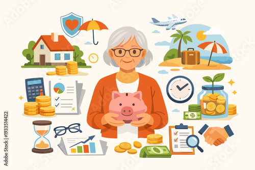 Pension savings and retirement planning concept illustration with an elderly woman holding a piggy bank, surrounded by financial icons like coins, calculator, house, travel, and investment jar.