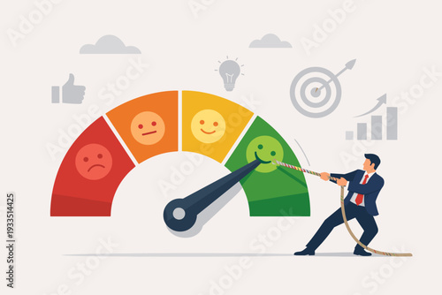 Businessman pulling needle on satisfaction gauge towards green happy face. Concept of customer feedback, performance rating, quality control, business improvement, and success measurement.
