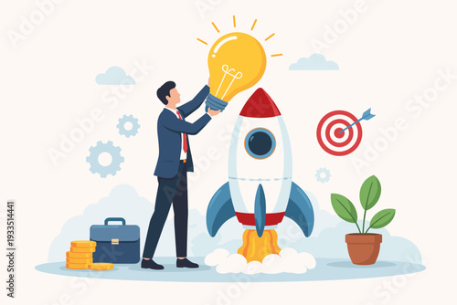 Businessman placing a glowing lightbulb idea into a rocket for a successful startup launch. Concept of creative innovation, business growth, project development, and investment in flat vector.