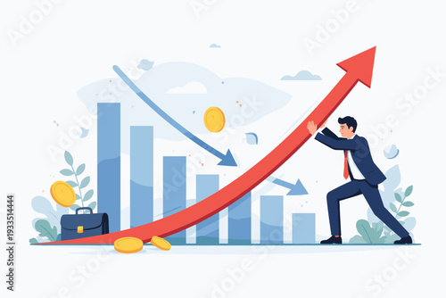 Determined Businessman Pushing Upward Red Arrow to Reverse Falling Economic Graph and Market Trend, Concept of Financial Recovery, Business Growth, Investment Success, and Overcoming Crisis.