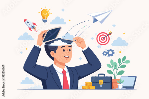 Creative businessman opening his head to release innovative ideas like rockets and lightbulbs, representing startup growth, mental freedom, and entrepreneurial success in a flat vector style.
