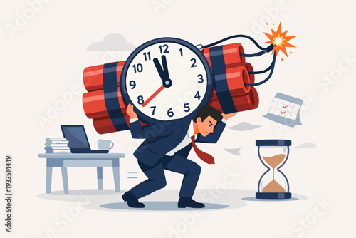 Businessman Carrying a Giant Time Bomb on His Back Representing Stress and Pressure of Work Deadlines, Time Management Concept with Hourglass, Calendar, and Office Desk Background Illustration