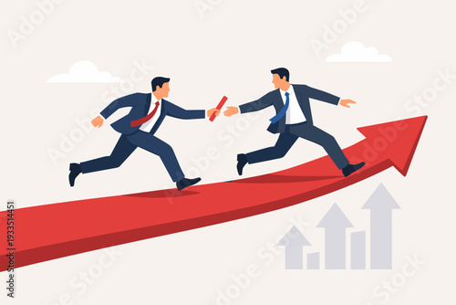 Two Businessmen in Suits Passing a Red Baton in a Relay Race While Running on a Large Upward-Pointing Arrow, Symbolizing Business Growth, Teamwork, Leadership Succession, and Corporate Success.
