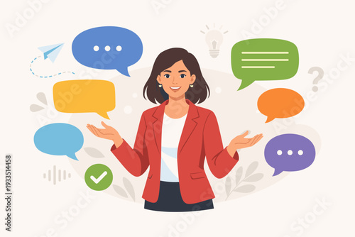 Professional woman surrounded by colorful speech bubbles and icons, illustrating verbal communication skills, public speaking, business networking, social interaction, and sharing creative ideas.
