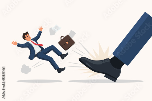 Businessman in suit kicked by a giant boss foot, symbolizing job termination, layoffs, corporate downsizing, and being fired. Flat vector concept of employee rejection and power imbalance.