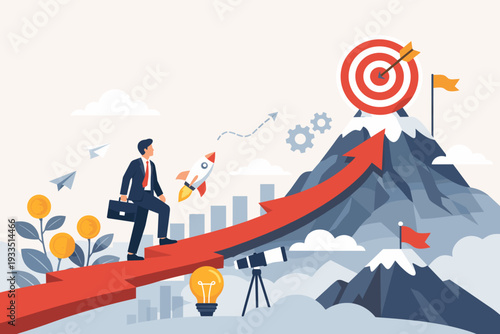 Businessman climbing a red arrow path to a target on a mountain peak. Concept of business success, career growth, goal achievement, ambition, strategy, and vision for professional development.