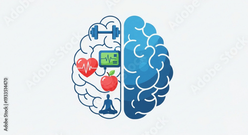 Brain illustration split into two sides representing healthy lifestyle choices and mental well being with fitness symbols