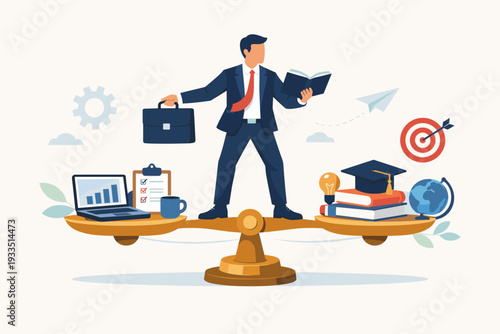 Businessman Balancing Work and Education on Scales, Professional Development and Lifelong Learning Concept, Career Growth through Continuous Study and Skill Improvement, Flat Vector Illustration.