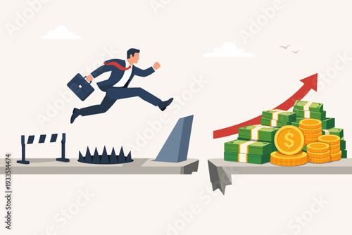 Motivated businessman jumping over obstacles like hurdles and spike pits to reach a pile of money and gold coins with a rising profit arrow, representing success, risk, and financial growth vector.