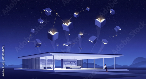 Modern building with floating books at night serene landscape futuristic scene learning concept inspirational