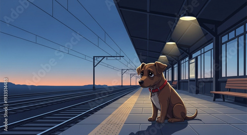 Lonely dog sits on train station platform at sunset looking sad and waiting