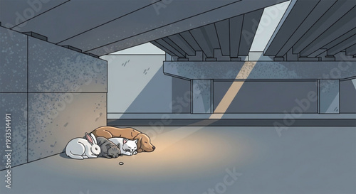 Homeless cat and kittens sleeping under bridge warm sunlight shining through