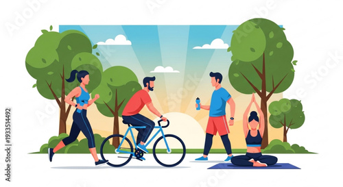 People engaging in outdoor fitness activities in a park with trees and a sunny sky