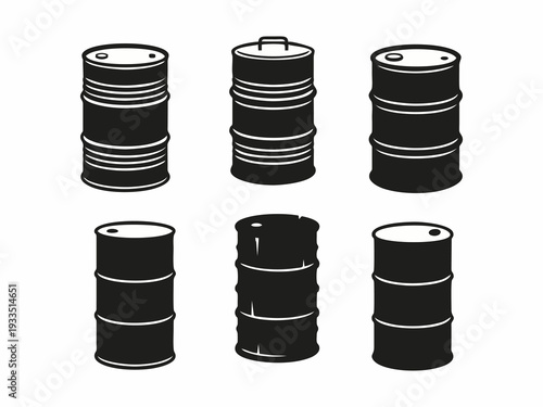 Oil Barrel Icons Set, Industrial Steel Drum Silhouettes for Logistics and Petroleum Industry