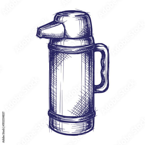 sketch of a thermos flask with a handle and spout in dark blue lines on white background