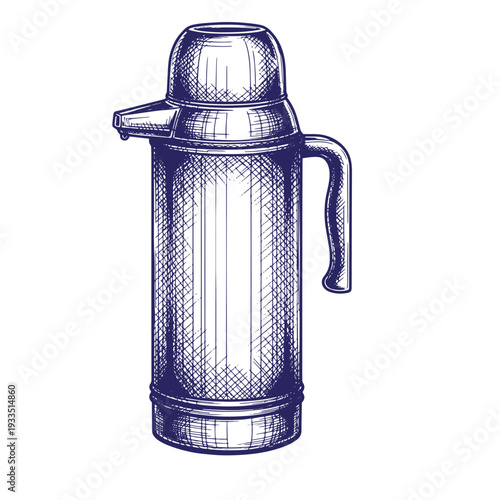 Sketch of a thermos with a handle and a pouring spout  an illustration of a vintage style thermos