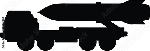 Silhouette of a large military missile launcher truck with a rocket on top  isolated on transparent background
