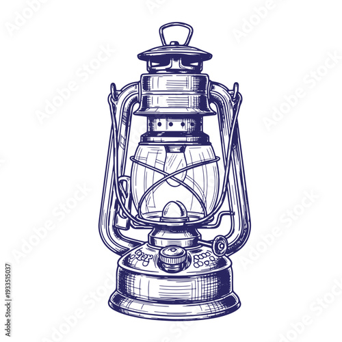 Vintage kerosene lantern with handle and glass chimney isolated on white background