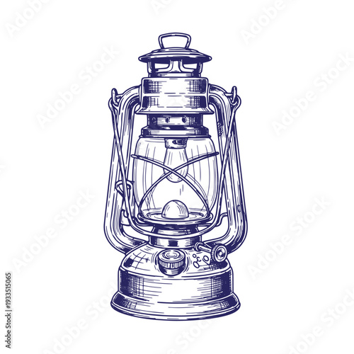 Vintage kerosene lantern with handle and glass chimney isolated on white