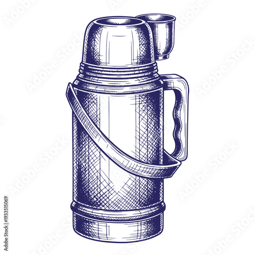 Vintage style illustration of a thermos flask with a cup on top  a classic travel container for hot or cold beverages