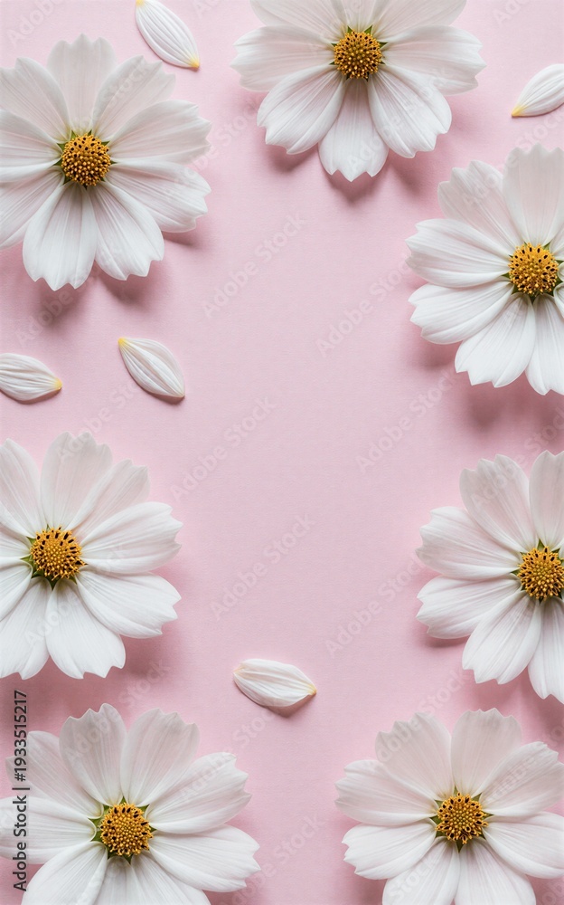 Obraz premium White daisies frame a soft pink background petals scattered gently.